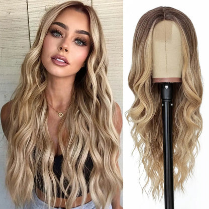 Long Wavy Wig - 26 Inch Ombre Blonde Lace Front Synthetic Hair Fiber, Adjustable Cap - ZOOMNSTORE