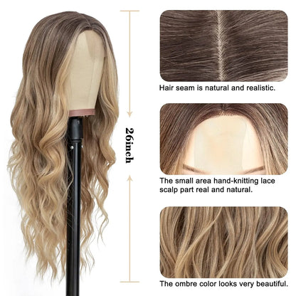 Long Wavy Wig - 26 Inch Ombre Blonde Lace Front Synthetic Hair Fiber, Adjustable Cap - ZOOMNSTORE