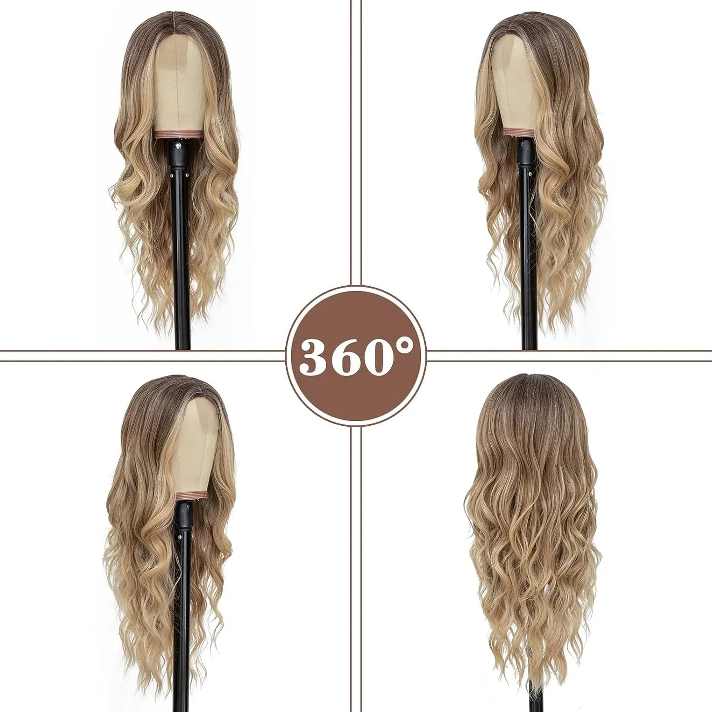 Long Wavy Wig - 26 Inch Ombre Blonde Lace Front Synthetic Hair Fiber, Adjustable Cap - ZOOMNSTORE