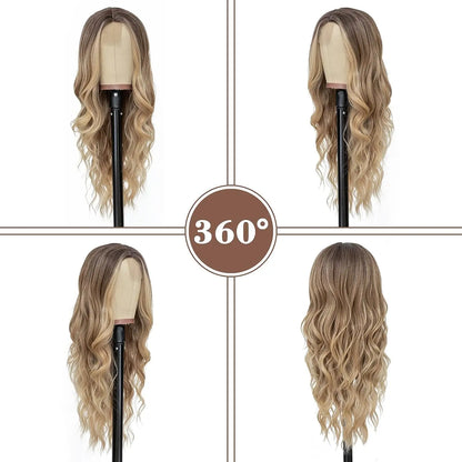 Long Wavy Wig - 26 Inch Ombre Blonde Lace Front Synthetic Hair Fiber, Adjustable Cap - ZOOMNSTORE