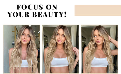 Long Wavy Wig - 26 Inch Ombre Blonde Lace Front Synthetic Hair Fiber, Adjustable Cap - ZOOMNSTORE