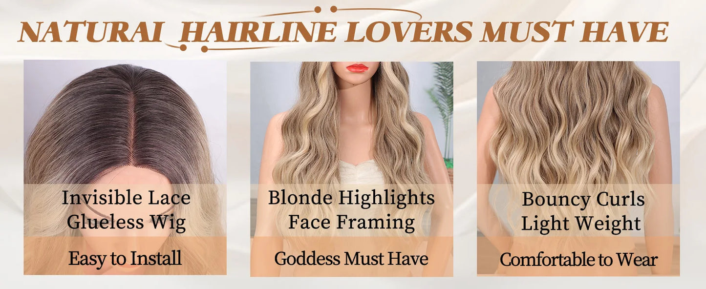 Long Wavy Wig - 26 Inch Ombre Blonde Lace Front Synthetic Hair Fiber, Adjustable Cap - ZOOMNSTORE