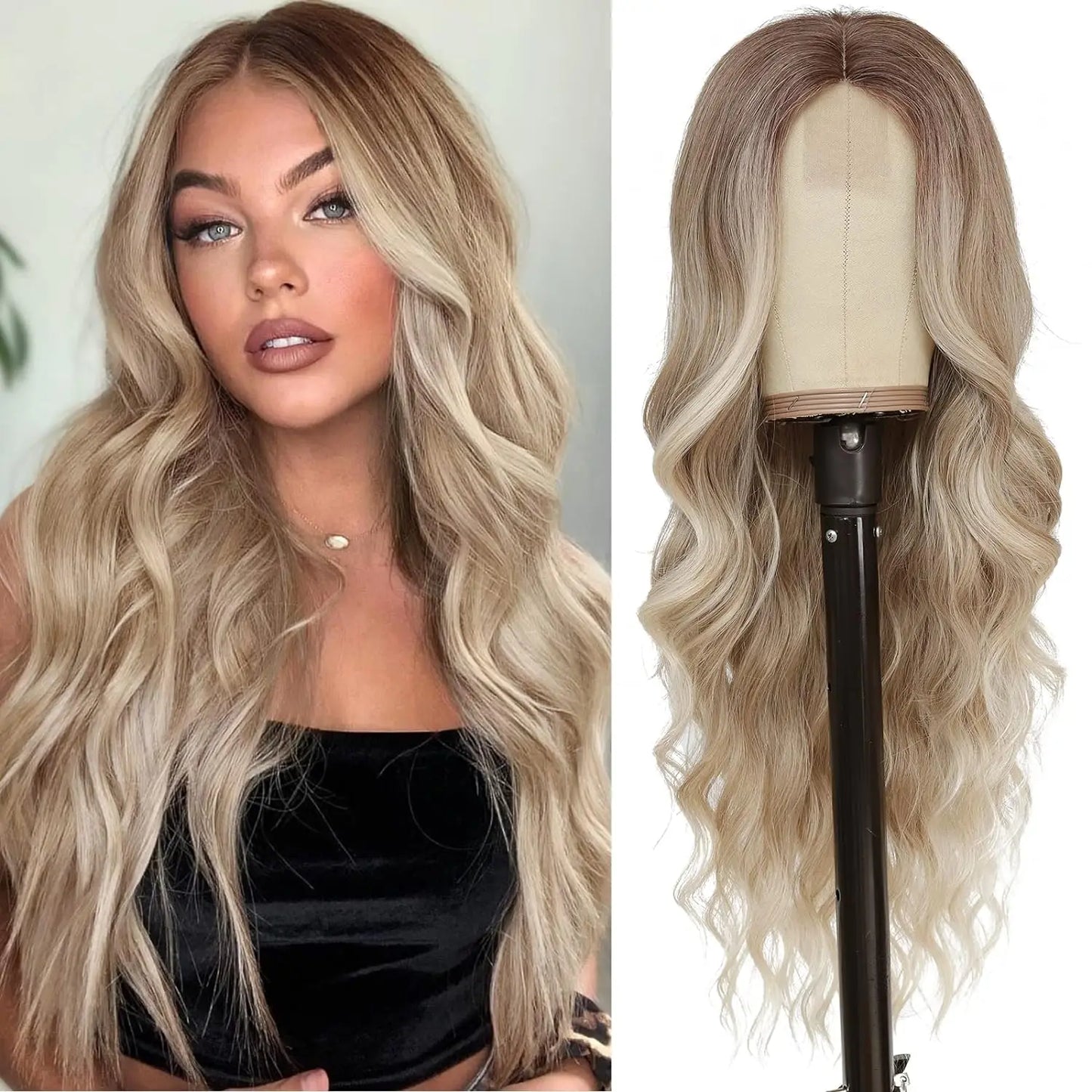Long Wavy Wig - 26 Inch Ombre Blonde Lace Front Synthetic Hair Fiber, Adjustable Cap - ZOOMNSTORE