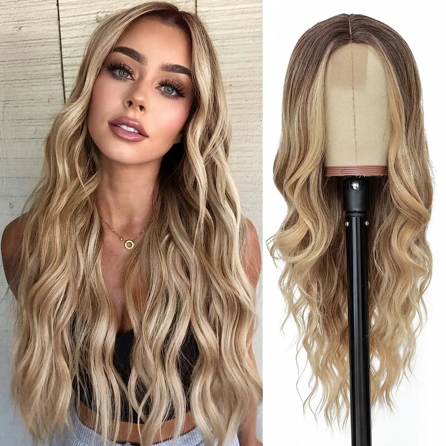 Long Wavy Wig - 26 Inch Ombre Blonde Lace Front Synthetic Hair Fiber, Adjustable Cap - ZOOMNSTORE