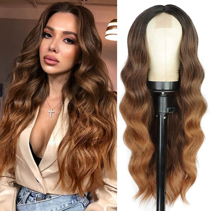 Long Wavy Wig - 26 Inch Ombre Blonde Lace Front Synthetic Hair Fiber, Adjustable Cap - ZOOMNSTORE