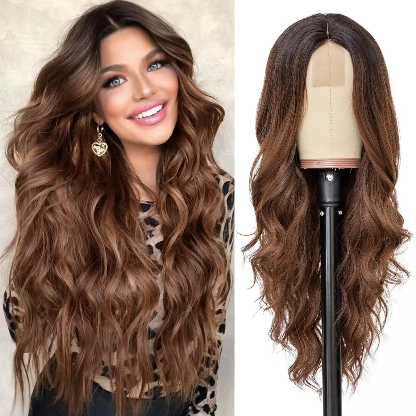 Long Wavy Wig - 26 Inch Ombre Blonde Lace Front Synthetic Hair Fiber, Adjustable Cap - ZOOMNSTORE
