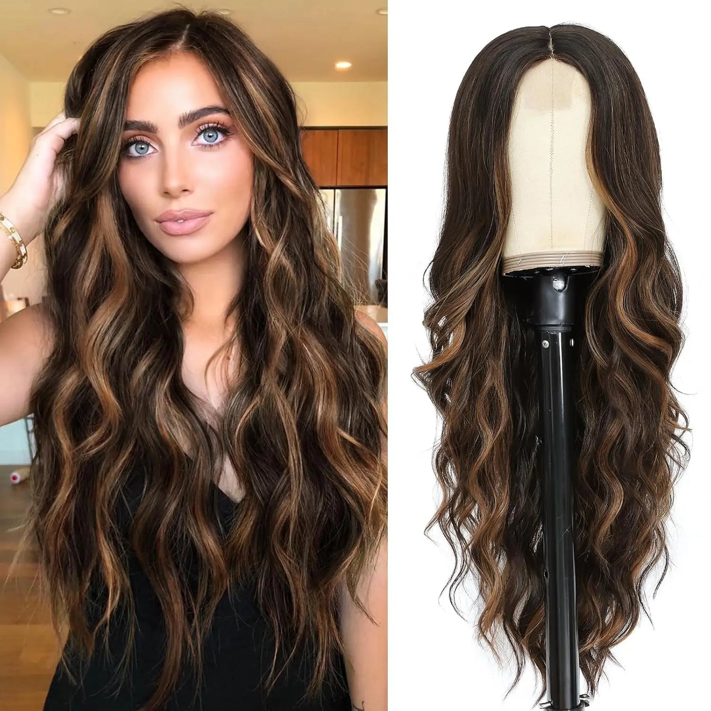 Long Wavy Wig - 26 Inch Ombre Blonde Lace Front Synthetic Hair Fiber, Adjustable Cap - ZOOMNSTORE