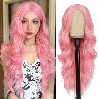 Long Wavy Wig - 26 Inch Ombre Blonde Lace Front Synthetic Hair Fiber, Adjustable Cap - ZOOMNSTORE