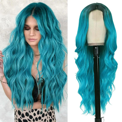 Long Wavy Wig - 26 Inch Ombre Blonde Lace Front Synthetic Hair Fiber, Adjustable Cap - ZOOMNSTORE