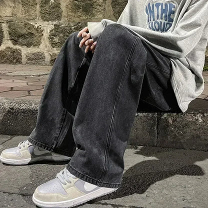 Loose Jeans Men - Wide Leg Pants With Drawstring Waist | Korean Style Denim Casual Fashion - ZOOMNSTORE