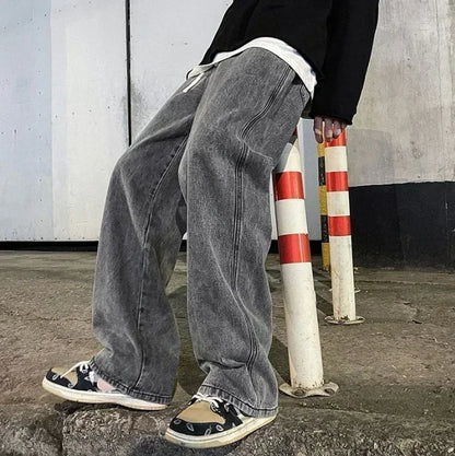 Loose Jeans Men - Wide Leg Pants With Drawstring Waist | Korean Style Denim Casual Fashion - ZOOMNSTORE