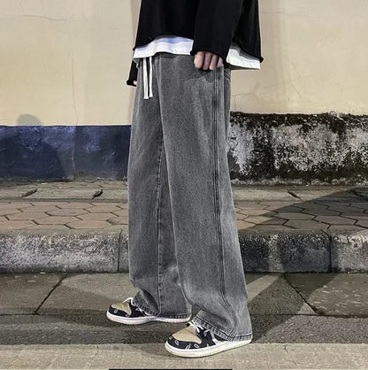 Loose Jeans Men - Wide Leg Pants With Drawstring Waist | Korean Style Denim Casual Fashion - ZOOMNSTORE