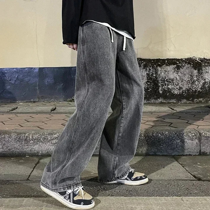 Loose Jeans Men - Wide Leg Pants With Drawstring Waist | Korean Style Denim Casual Fashion - ZOOMNSTORE
