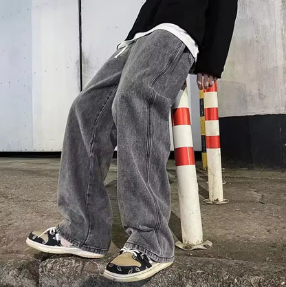 Loose Jeans Men - Wide Leg Pants With Drawstring Waist | Korean Style Denim Casual Fashion - ZOOMNSTORE