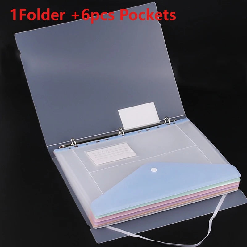 Loose Leaf File Bag - Transparent 3 Hole Folder with 6 Pocket Binder Pouch for Office - ZOOMNSTORE