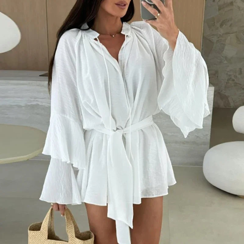 Ruffle Mini Dress - Casual Flare Sleeve Deep V-neck Holiday Dress - ZOOMNSTORE