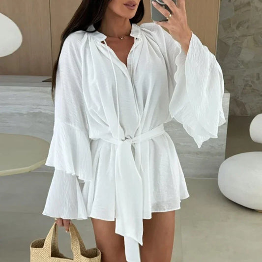 Ruffle Mini Dress - Casual Flare Sleeve Deep V-neck Holiday Dress - ZOOMNSTORE