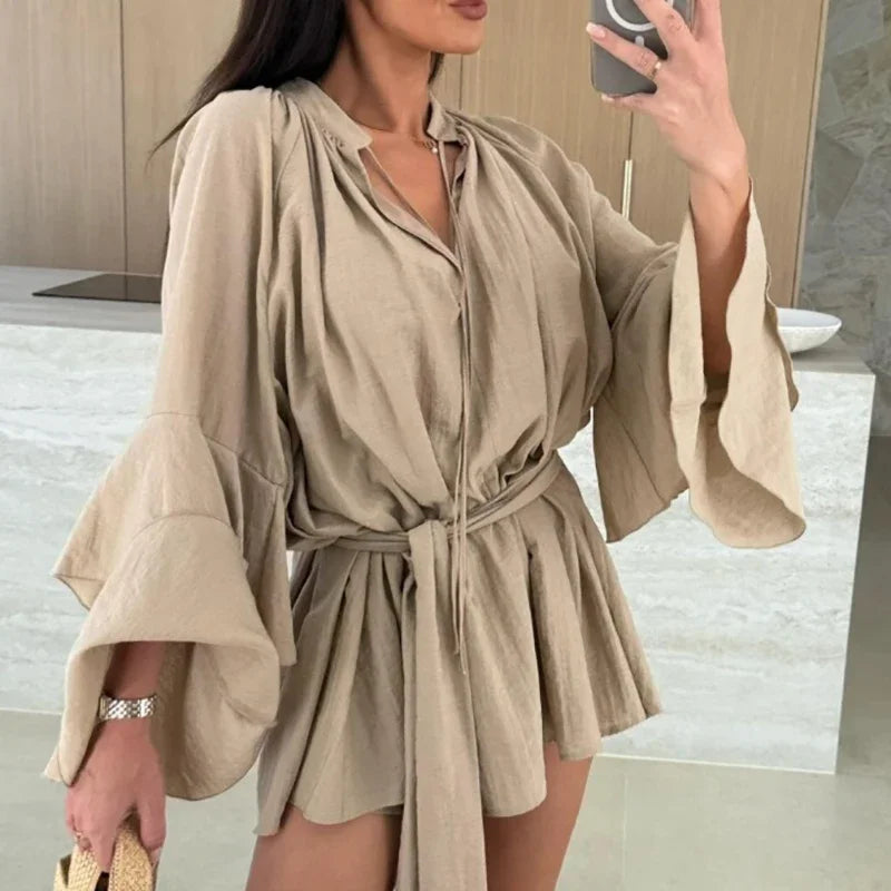 Ruffle Mini Dress - Casual Flare Sleeve Deep V-neck Holiday Dress - ZOOMNSTORE