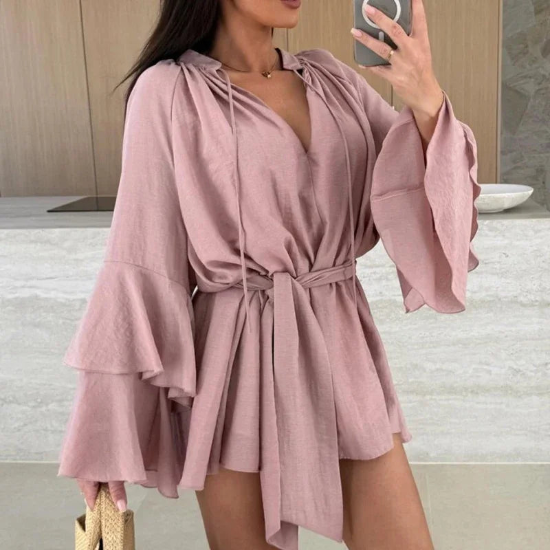 Ruffle Mini Dress - Casual Flare Sleeve Deep V-neck Holiday Dress - ZOOMNSTORE