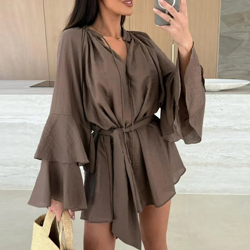 Ruffle Mini Dress - Casual Flare Sleeve Deep V-neck Holiday Dress - ZOOMNSTORE