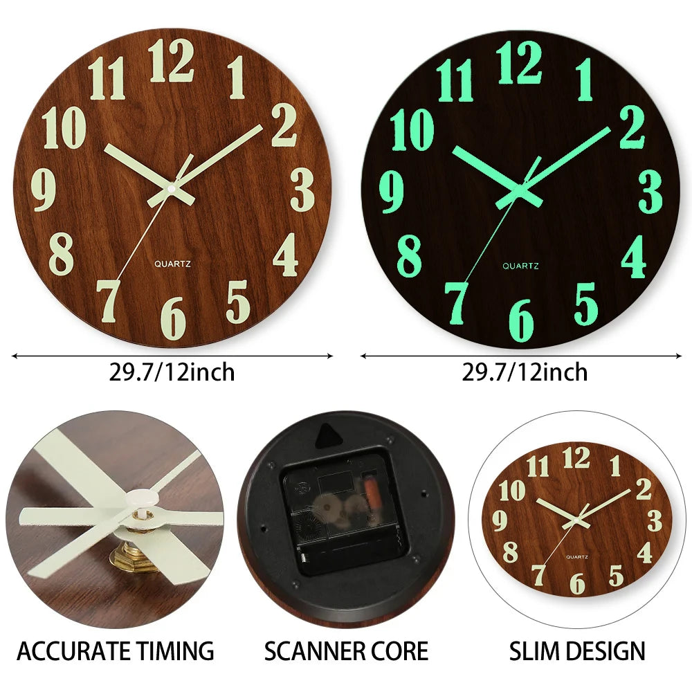 Luminous 12 Inch Silent Wall Clock - Nordic Wood Design with Night Light - ZOOMNSTORE