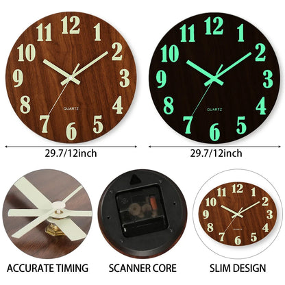 Luminous 12 Inch Silent Wall Clock - Nordic Wood Design with Night Light - ZOOMNSTORE