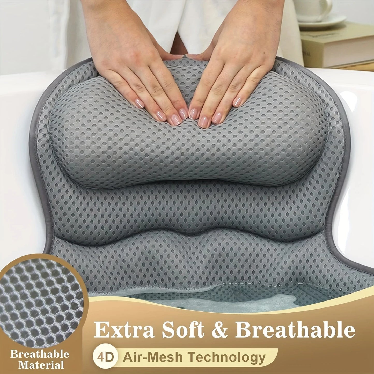 1pc Luxury Bath Pillow with 3D Air Mesh & Secure Suction | Neck/Back Support, Machine Washable, Home/Spa Use - ZOOMNSTORE