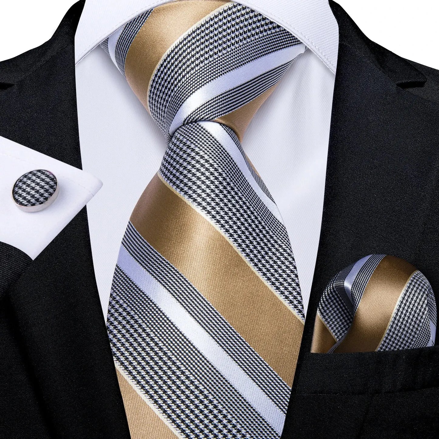 Luxury Blue Striped Mens Necktie Set - 8cm Width with Pocket Square  Cufflinks for Wedding  Business - ZOOMNSTORE