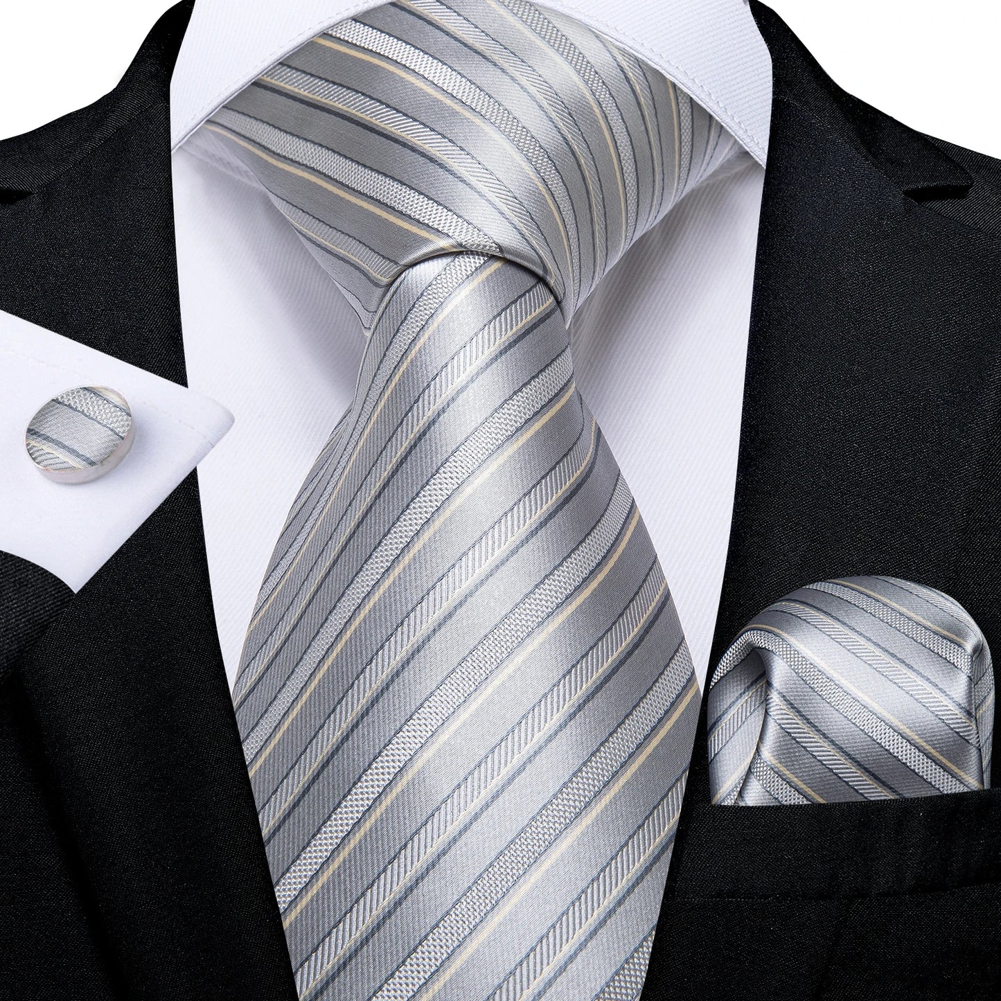 Luxury Blue Striped Mens Necktie Set - 8cm Width with Pocket Square  Cufflinks for Wedding  Business - ZOOMNSTORE