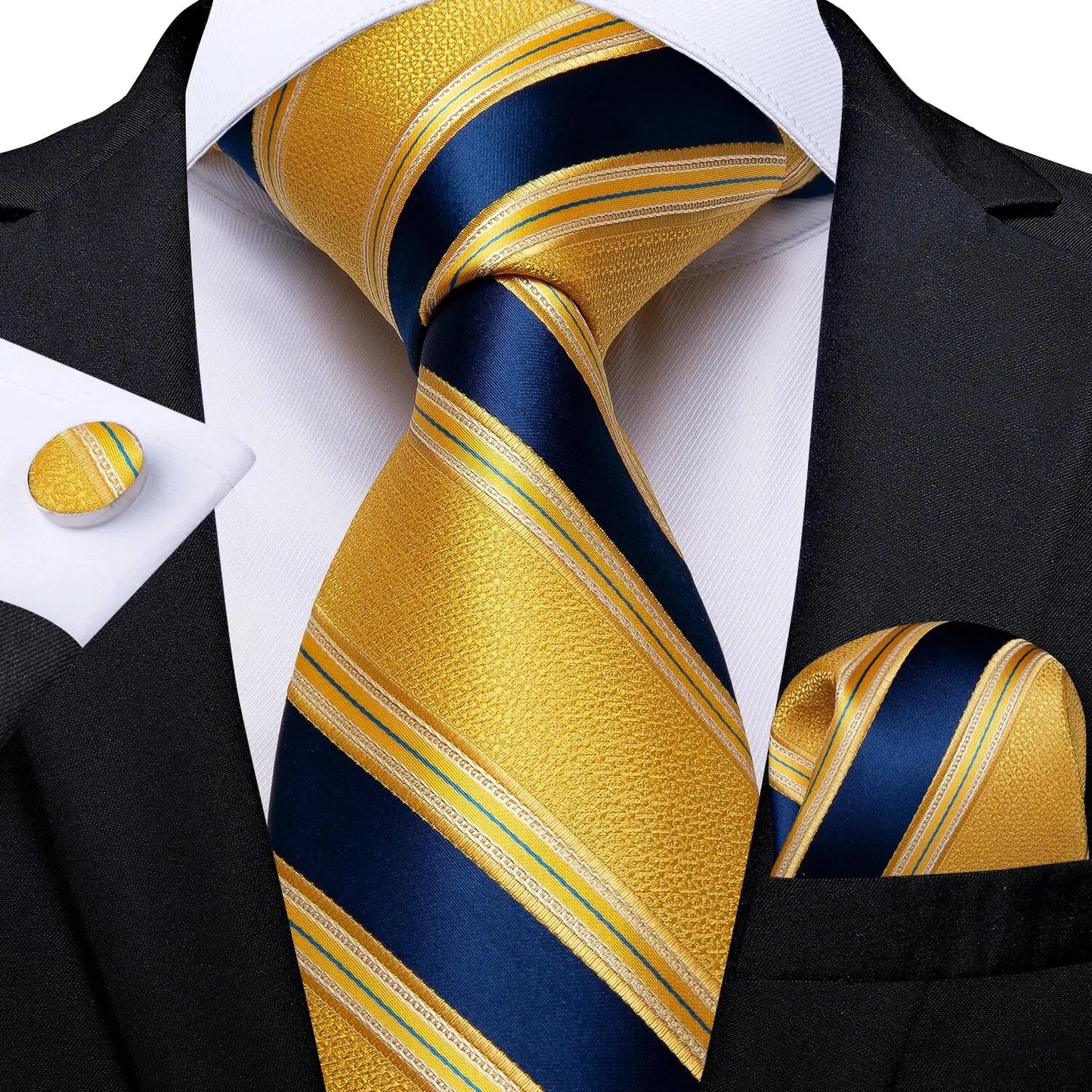 Luxury Blue Striped Mens Necktie Set - 8cm Width with Pocket Square  Cufflinks for Wedding  Business - ZOOMNSTORE