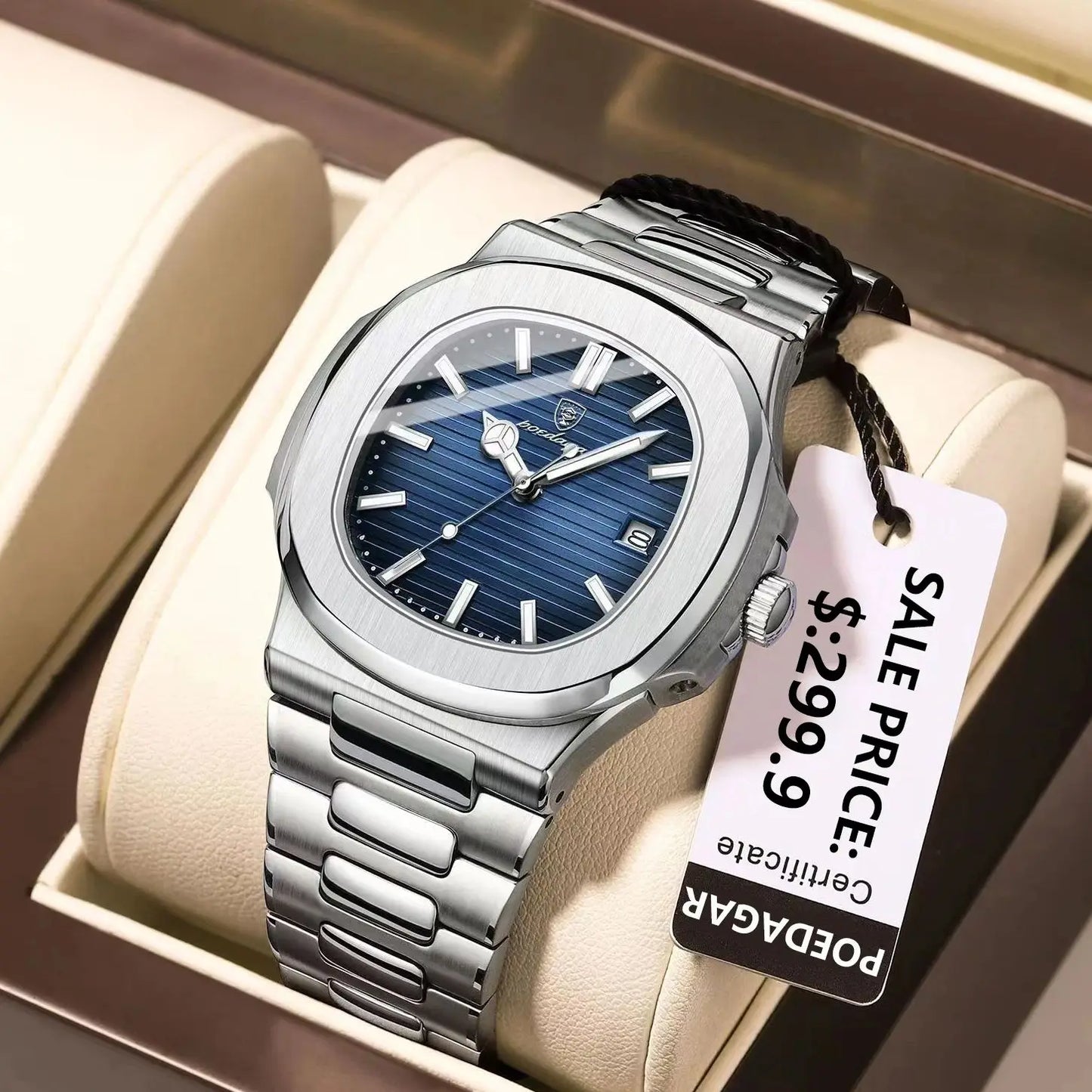 Luxury Mens Waterproof Watch - Stainless Steel Square Dial with Calendar - ZOOMNSTORE