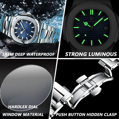 Luxury Mens Waterproof Watch - Stainless Steel Square Dial with Calendar - ZOOMNSTORE