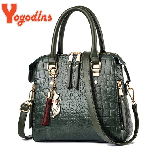 Luxury Crocodile Pattern Handbag - Womens PU Leather Shoulder Bag with Tassel - ZOOMNSTORE