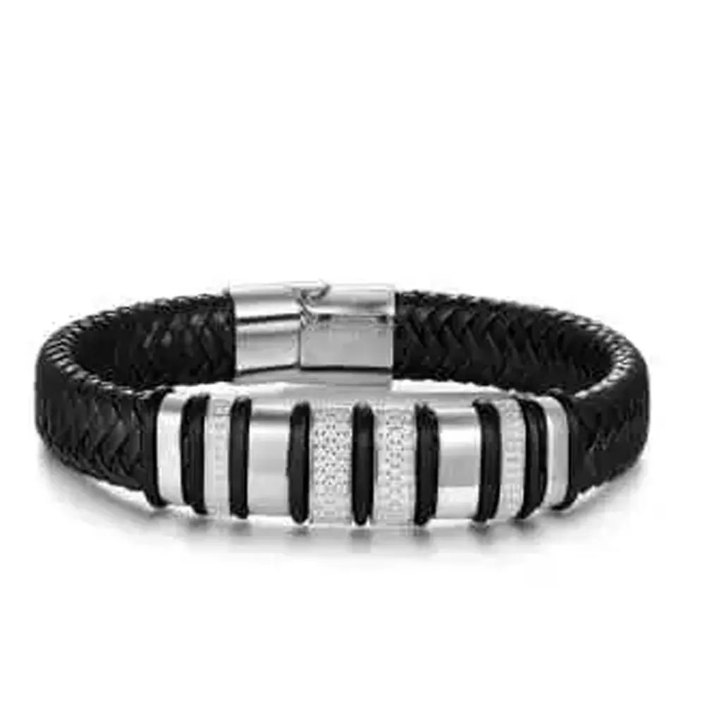 Luxury Cuban Bracelet - 8mm Leather  18k Gold Plated Sterling Silver with Lab-Grown Zircon Diamond for Men - ZOOMNSTORE