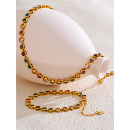 Yhpup Exquisite Colorful Cubic Zirconia Luxury Cast Chain Necklace Bracelet for Women Stainless Steel Waterproof Jewelry Gift - ZOOMNSTORE