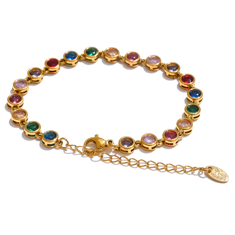 Yhpup Exquisite Colorful Cubic Zirconia Luxury Cast Chain Necklace Bracelet for Women Stainless Steel Waterproof Jewelry Gift - ZOOMNSTORE