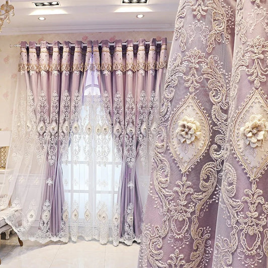Luxury Embroidered Curtains - Vintage Style Floral Window Drapes With 3D Relief Pattern - ZOOMNSTORE