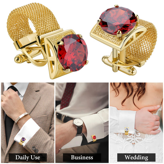 Luxury Gold Tone Crystal Cufflinks Set for Men - Wedding Shirt Accessories with Chain and Gemstones - ZOOMNSTORE
