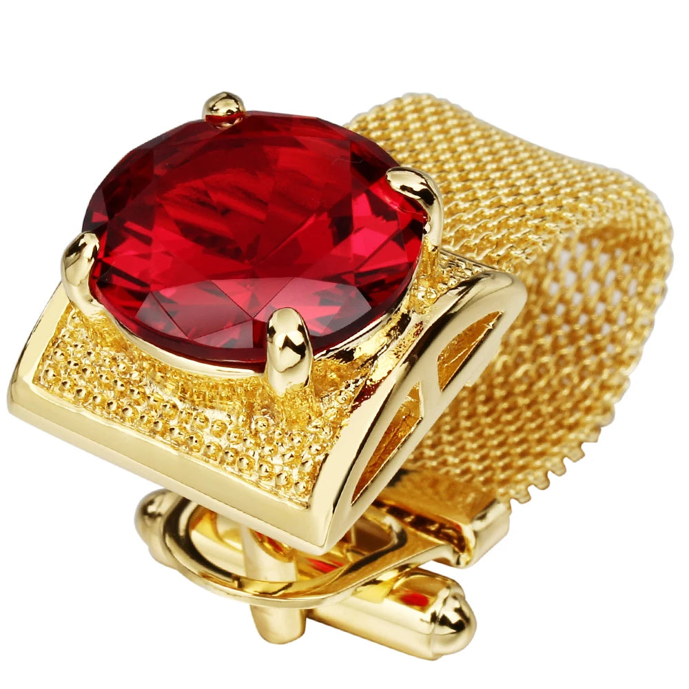 Luxury Gold Tone Crystal Cufflinks Set for Men - Wedding Shirt Accessories with Chain and Gemstones - ZOOMNSTORE
