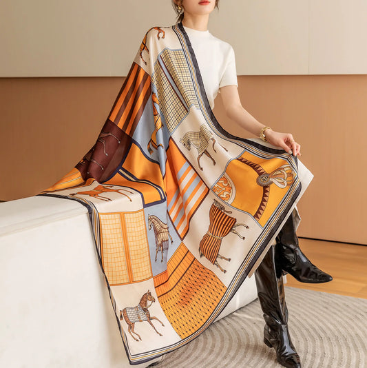 Luxury Horse Print Silk Scarf - Vintage 110x110cm Shawl for Women - ZOOMNSTORE