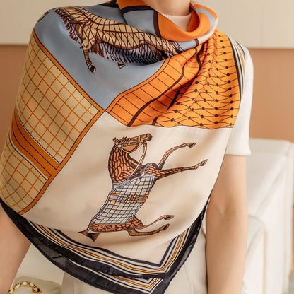 Luxury Horse Print Silk Scarf - Vintage 110x110cm Shawl for Women - ZOOMNSTORE