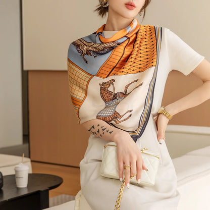 Luxury Horse Print Silk Scarf - Vintage 110x110cm Shawl for Women - ZOOMNSTORE