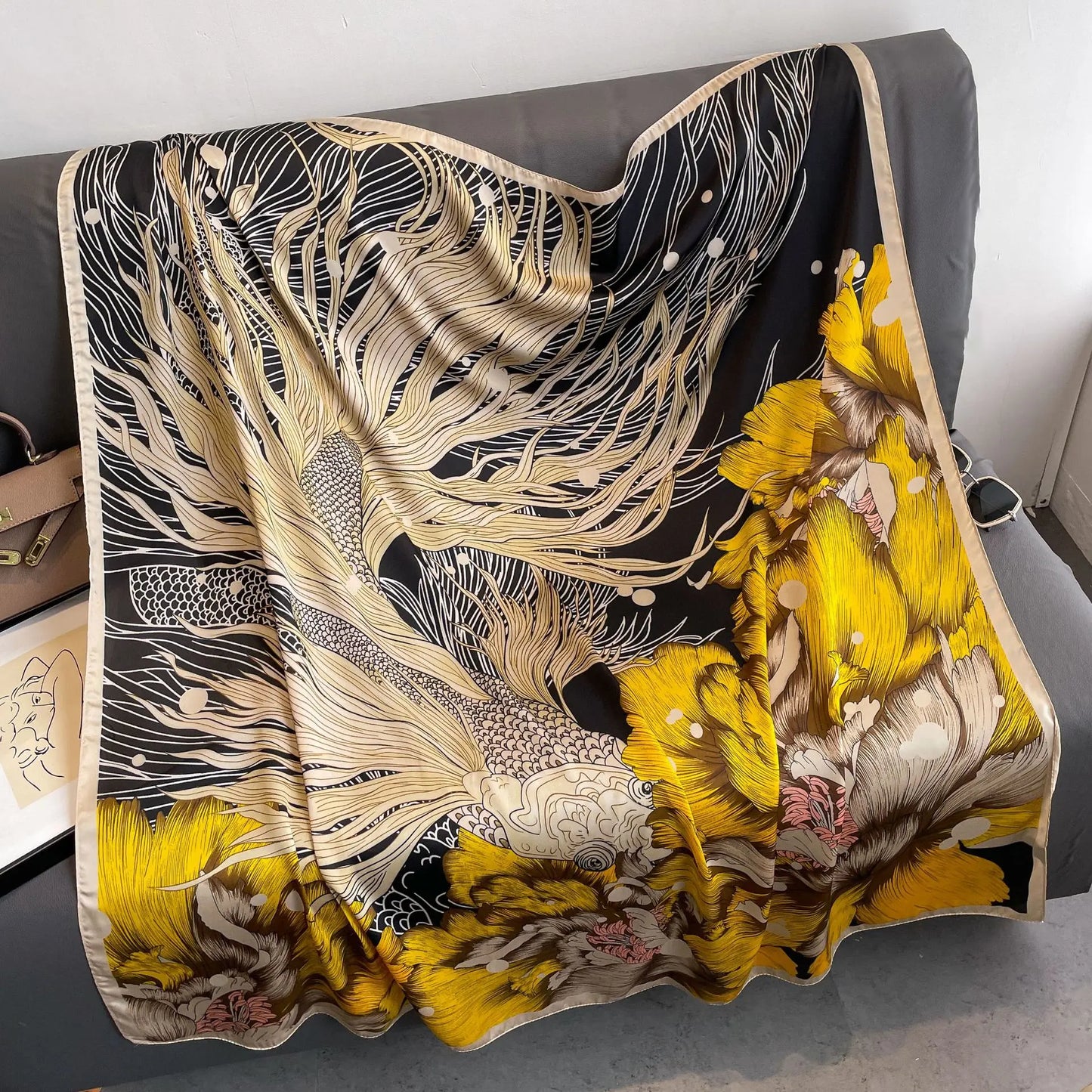 Luxury Horse Print Silk Scarf - Vintage 110x110cm Shawl for Women - ZOOMNSTORE