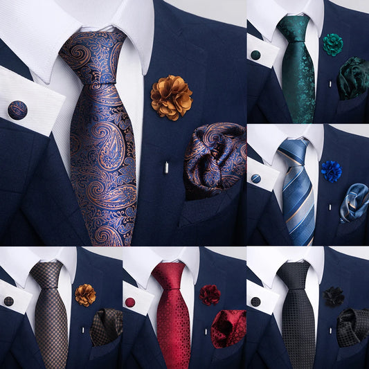 Luxury Mens Floral Black Gold Tie Set - Paisley Necktie Pocket Square Cufflinks  Brooch for Weddings and Parties - ZOOMNSTORE