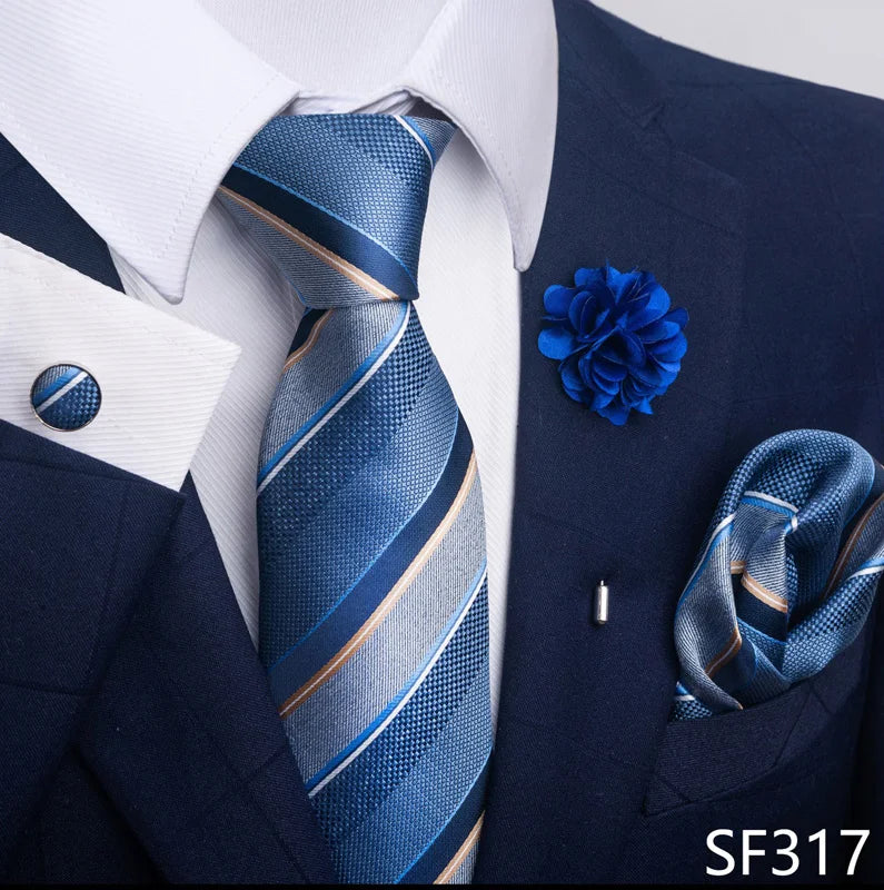 Luxury Mens Floral Black Gold Tie Set - Paisley Necktie Pocket Square Cufflinks  Brooch for Weddings and Parties - ZOOMNSTORE