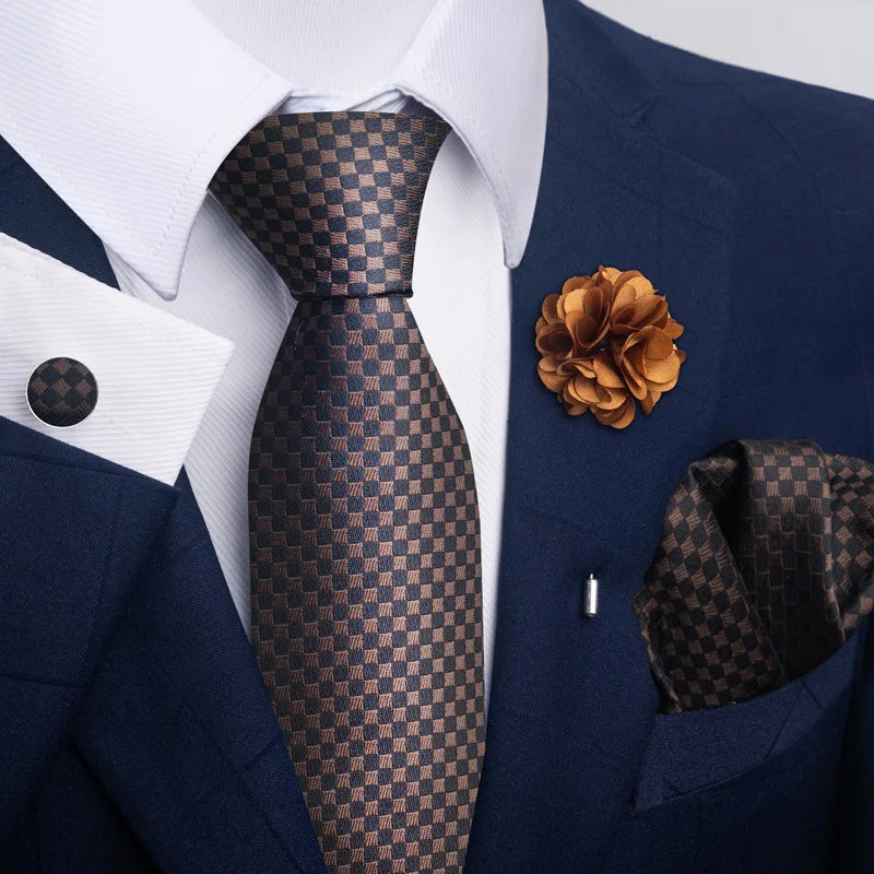 Luxury Mens Floral Black Gold Tie Set - Paisley Necktie Pocket Square Cufflinks  Brooch for Weddings and Parties - ZOOMNSTORE