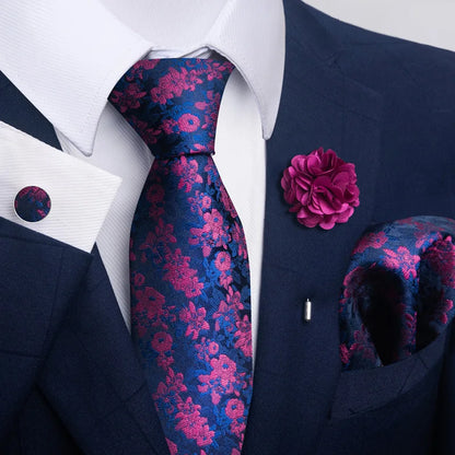 Luxury Mens Floral Black Gold Tie Set - Paisley Necktie Pocket Square Cufflinks  Brooch for Weddings and Parties - ZOOMNSTORE