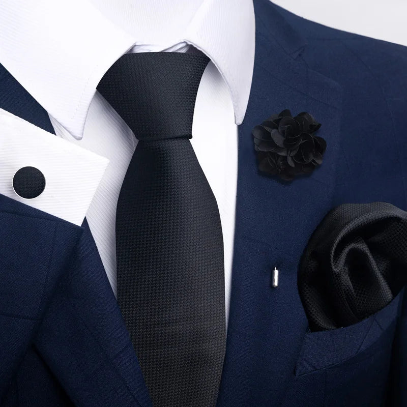 Luxury Mens Floral Black Gold Tie Set - Paisley Necktie Pocket Square Cufflinks  Brooch for Weddings and Parties - ZOOMNSTORE