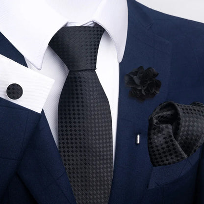 Luxury Mens Floral Black Gold Tie Set - Paisley Necktie Pocket Square Cufflinks  Brooch for Weddings and Parties - ZOOMNSTORE