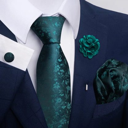 Luxury Mens Floral Black Gold Tie Set - Paisley Necktie Pocket Square Cufflinks  Brooch for Weddings and Parties - ZOOMNSTORE